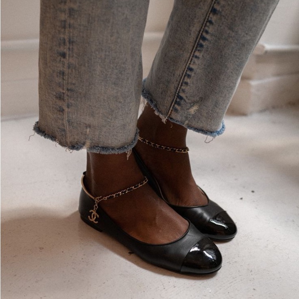 Chanel Cap Toe Leather Ballet Flats with Ankle Chain - Picture 3 of 5